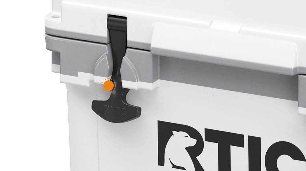 Close up of the T-latches on the RTIC 22QT Ultra-Light Cooler